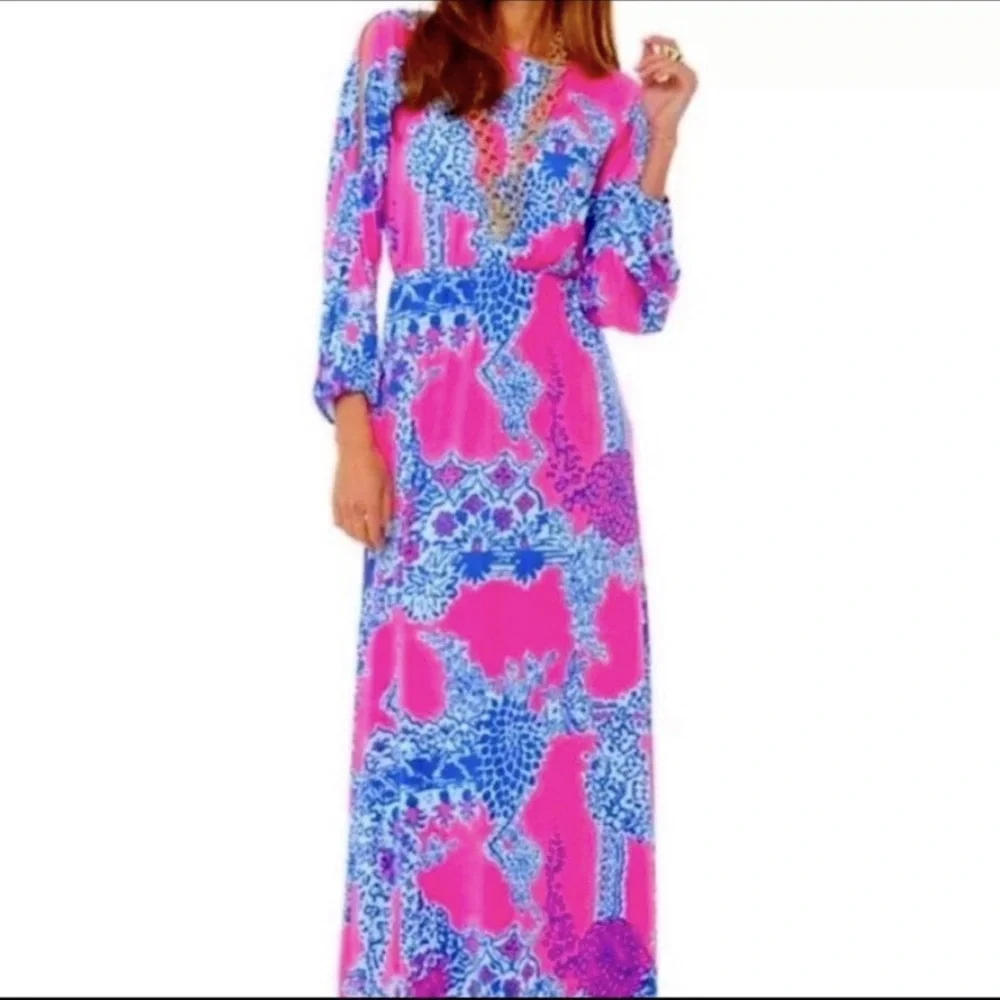 Lilly Pulitzer Ashlynn Maxi Dress Womens Size S Pink Blue Tropical - Picture 10 of 10